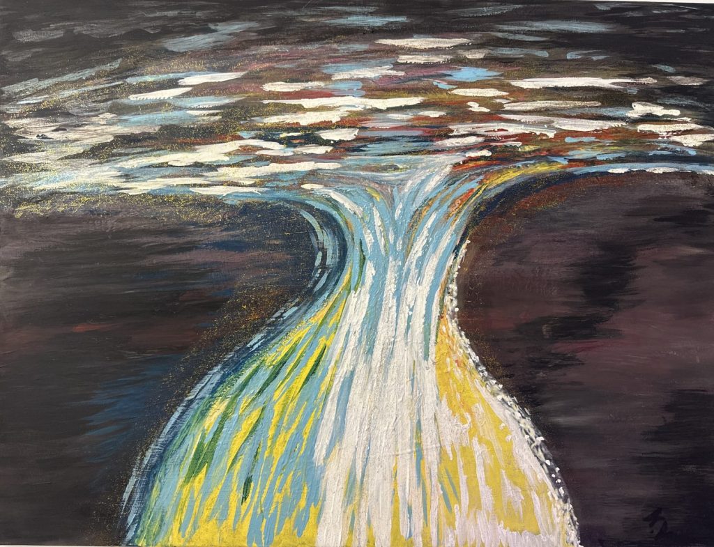 « Tableau abstrait La Faille de Lumière – cascade de couleurs sur fond sombre – Karine Vialenc »