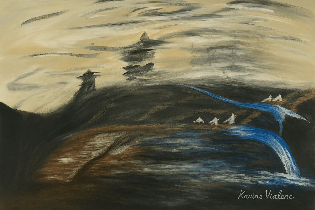 Peinture à l’huile “Là où naît la lumière” de Karine Vialenc – artiste peintre à Écommoy (Sarthe), œuvre contemporaine entre ombre et lumière.