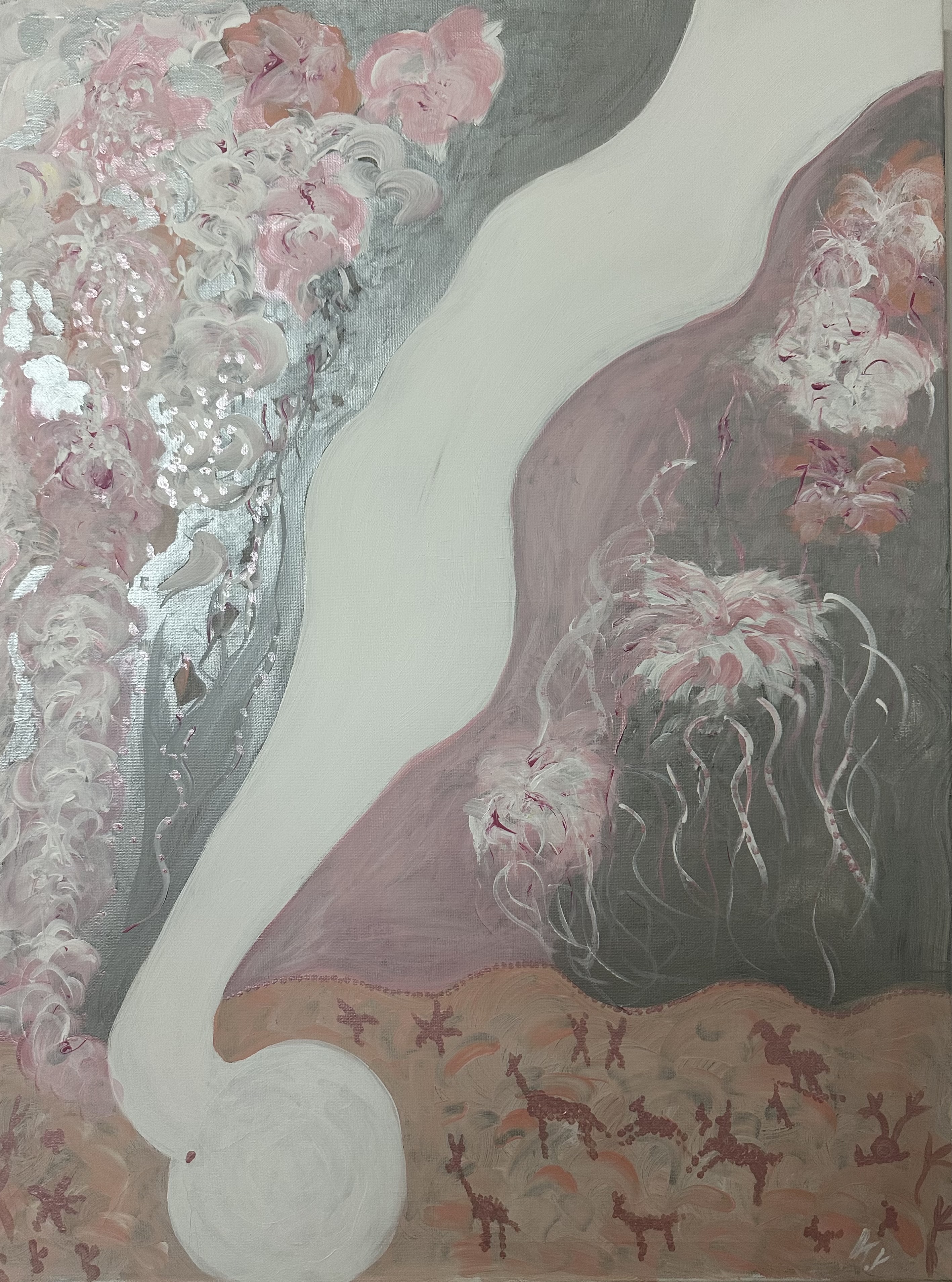 Tableau abstrait "La Source desAncêtres" créé par Karine Vialenc peinture acrylique rose et ocre avec rivière de lumière et silhouettes animales stylisées