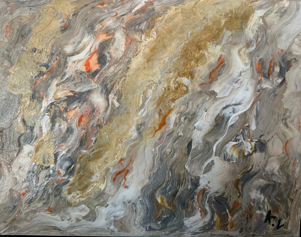 Tableau marbré sur mesure en acrylique, tons beige, blanc et orange, effet marbre en relief, par Karine Vialenc à Écommoy