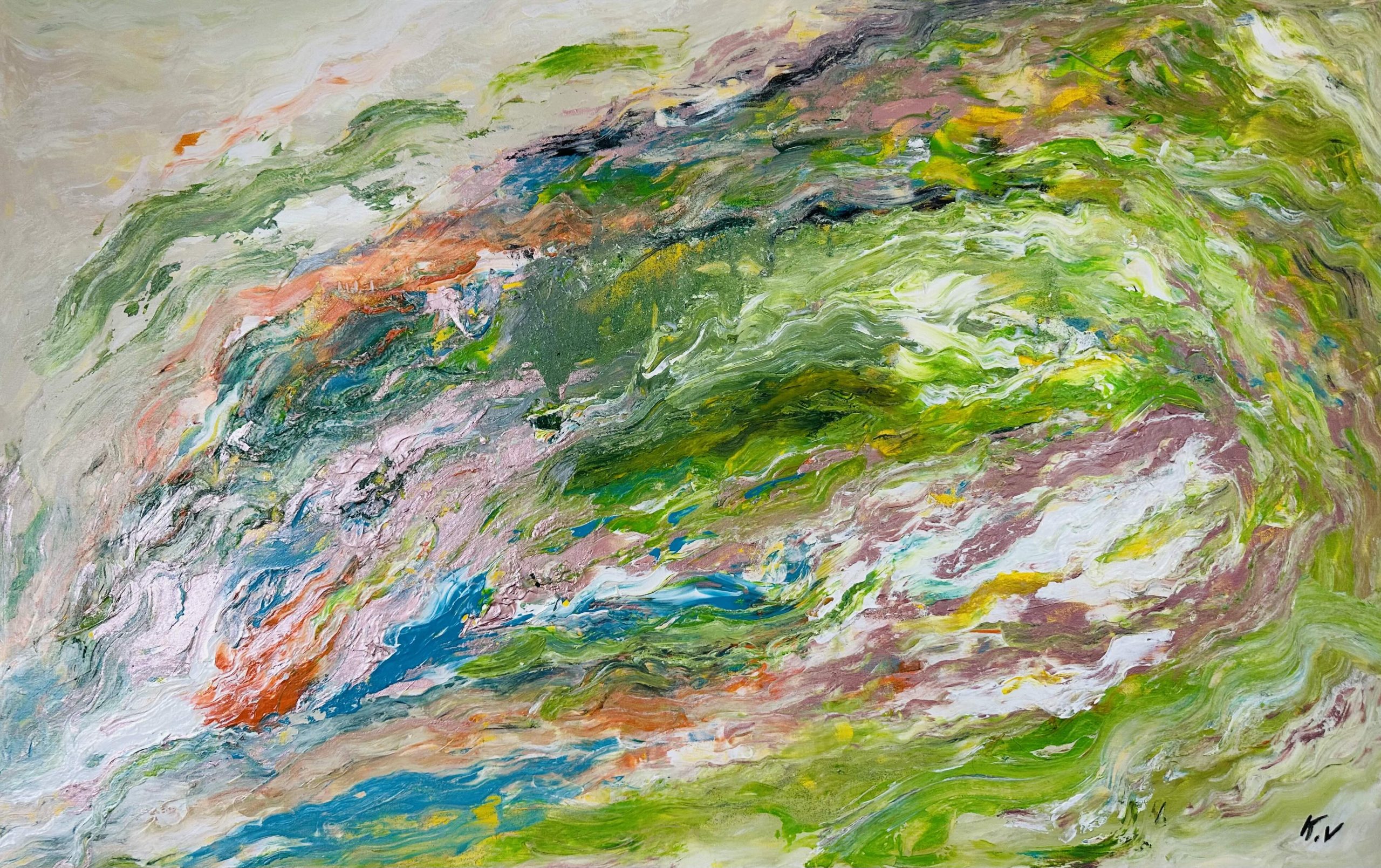Grand tableau abstrait en acrylique aux tons vert, rose, orange et bleu, effet marbre en relief, signé K.V, par Karine Vialenc, artiste peintre à Écommoy
