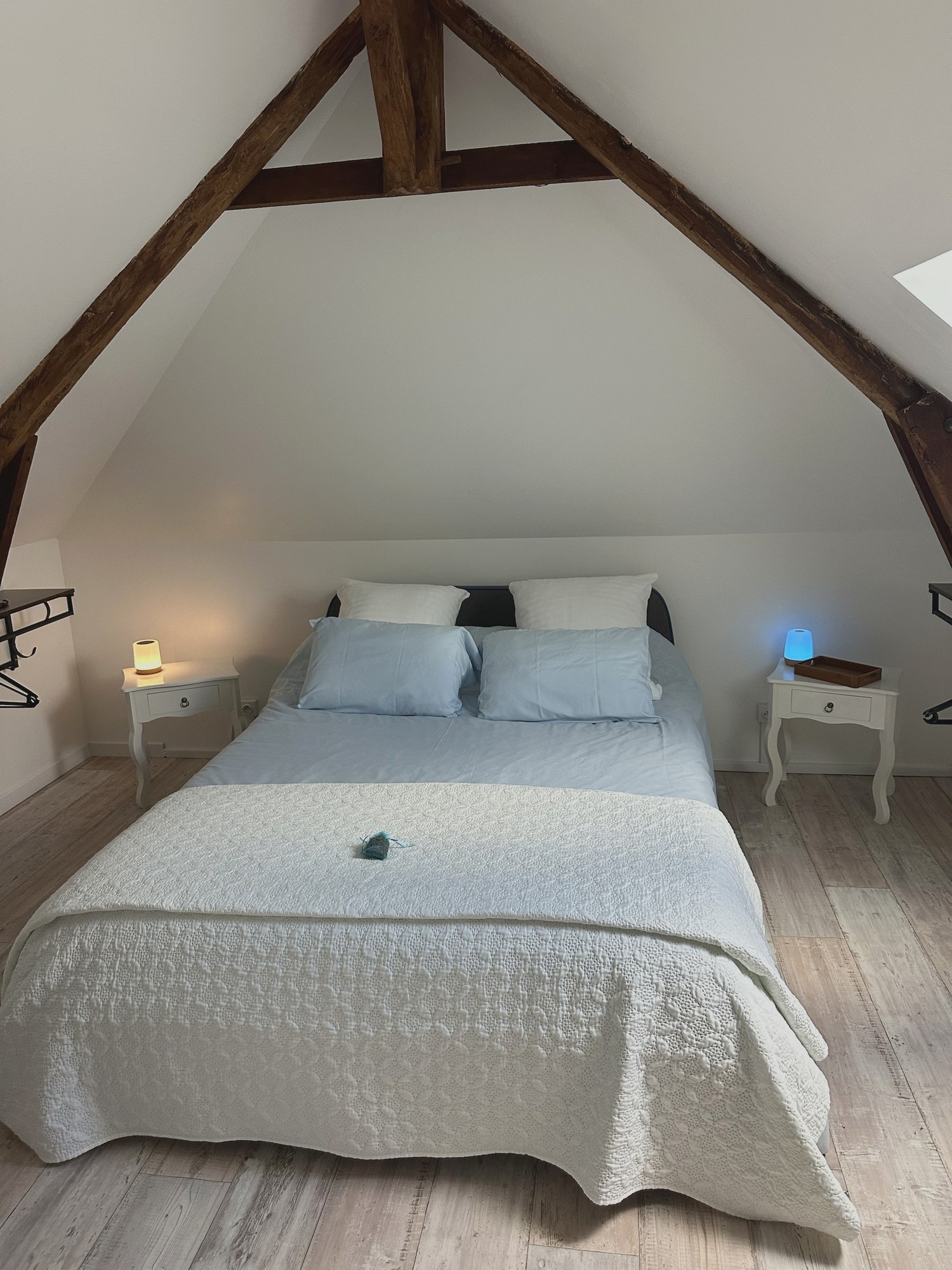 Chambre d'hôtes sous charpente avec poutres apparentes et lit double à Écommoy, KVS Concept