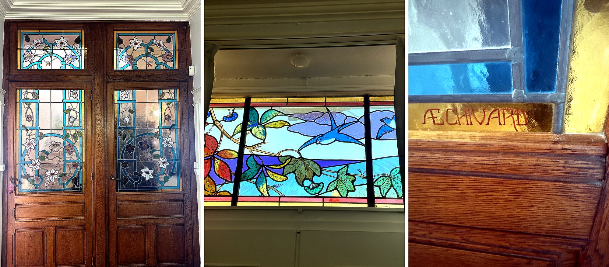Vitraux signés Échivard à Écommoy : portes vitrées à motifs de fleurs, verrière aux oiseaux bleus et signature, maison d'hôtes KVS Concept
